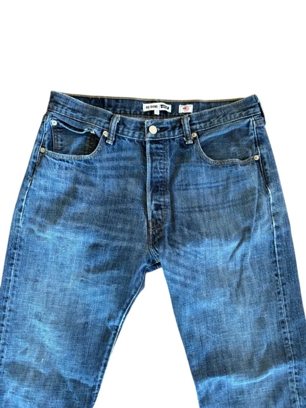 RE/DONE Relaxed Buttonfly Blue Frayed Hem Jeans Size 29 (Actual Waist 32”)